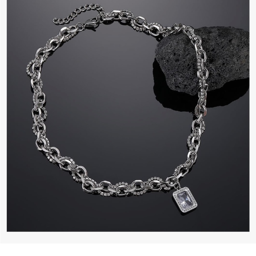 Stainless Steel Crystal Chunky Charm Pendant Necklace Paperclip Chain - Picture 8 of 9